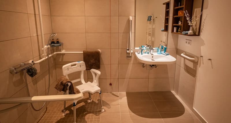 Accessible bathroom with shower, sink, and a chair with grab bars