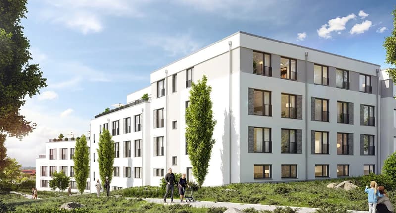 White building, multiple windows, balconies, green trees, grassy area, people walking