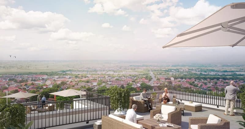 Terrace with people sitting, tables, chairs, umbrellas, plants, railings, city view