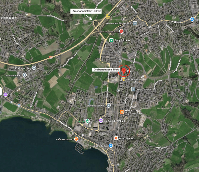Map of the area around Grabenstrasse 15a/b in Baar, Switzerland, showing nearby landmarks and facilities.