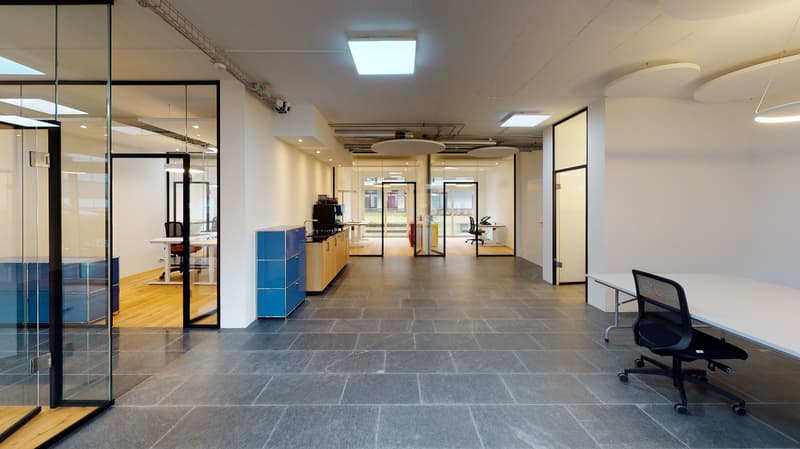 Open space office with glass walls, wooden floors, white walls, modern furniture, and ceiling lights.
