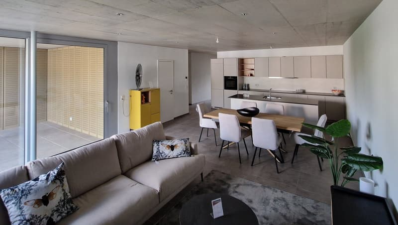 Open plan living and dining area with modern furniture, large windows, and a yellow storage unit.