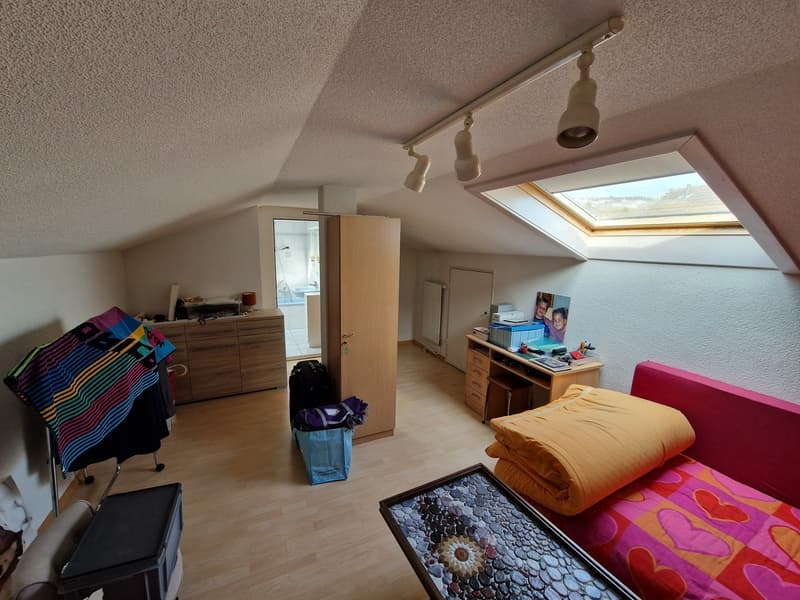 attic room with wooden floor, wardrobe, desk, bed, skylight, and various items
