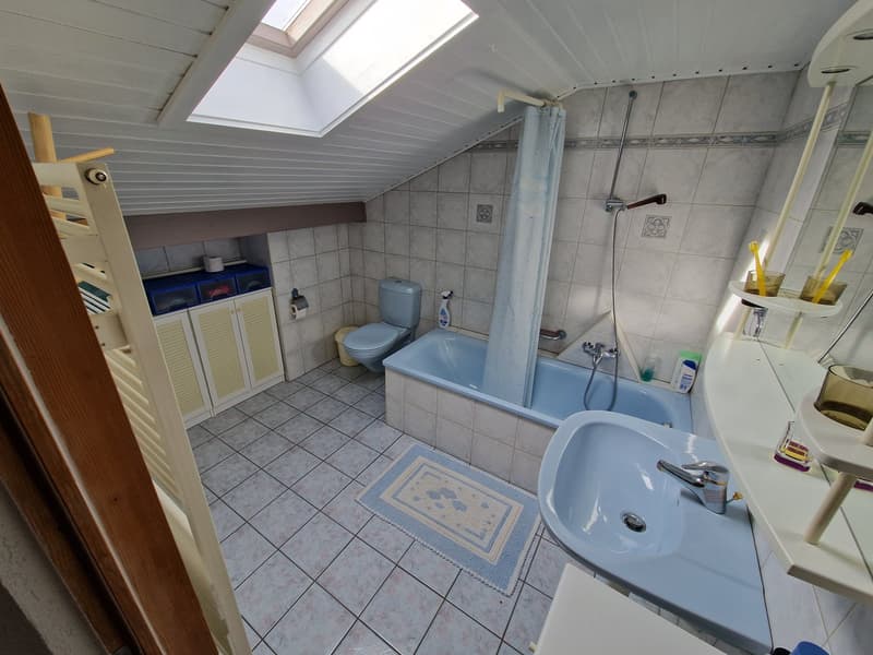 Bathroom with bathtub, toilet, sink, and a skylight window.
