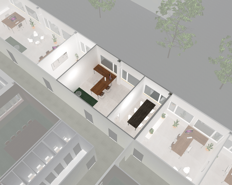 multiple office rooms, meeting room, kitchen, windows, plants