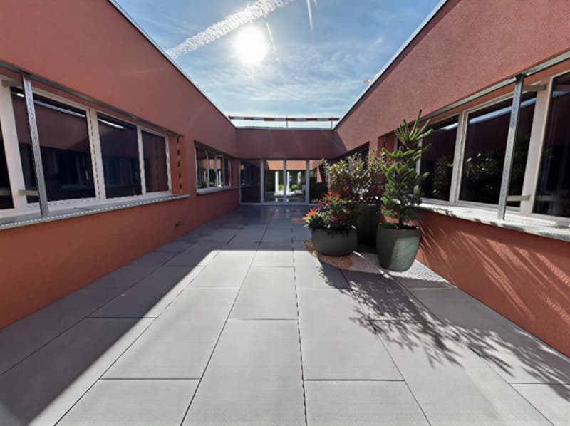 Courtyard with tiled floor, red walls, glass windows, plants, and a glass roof
