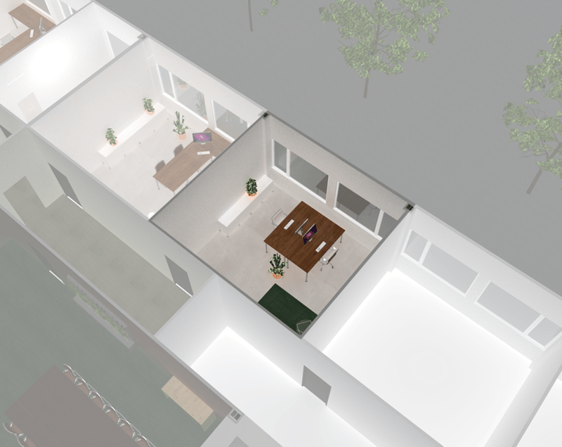 3 levels, office area, meeting room, kitchen, dining area, living room, balcony