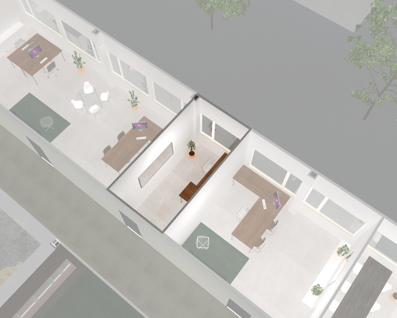 office space with multiple desks, chairs, and plants