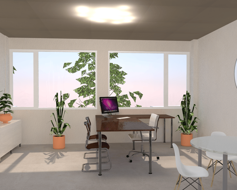 modern office, desk, computer, chairs, plants, windows