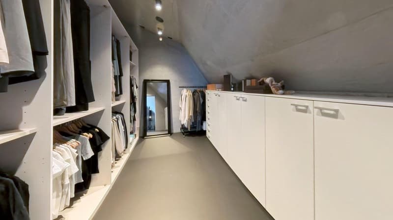 walk-in closet with white shelves, hanging clothes, mirror, and storage cabinets