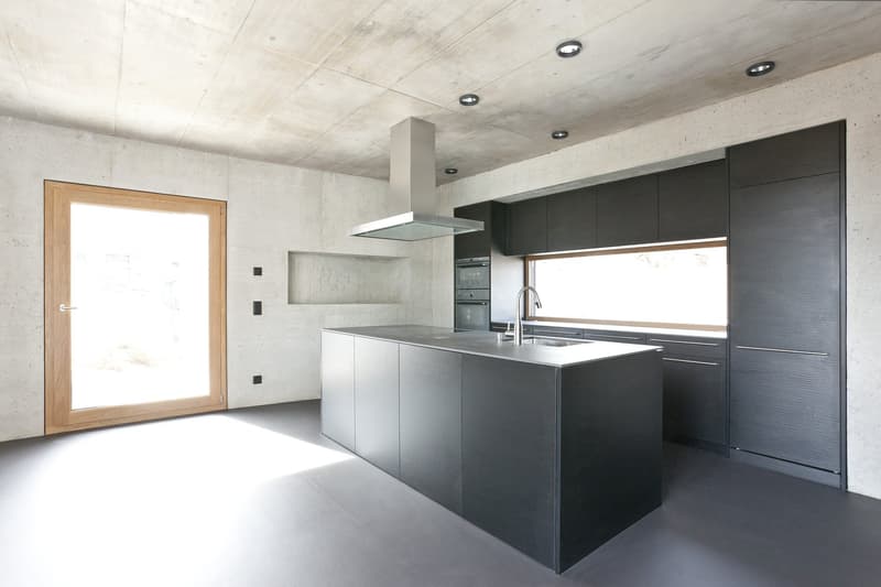 modern kitchen with island, stainless steel appliances, wooden door, large windows, concrete walls