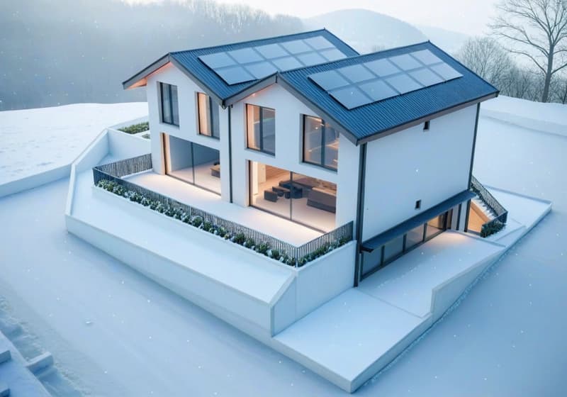 2 story house, solar panels, raised ground floor, balcony