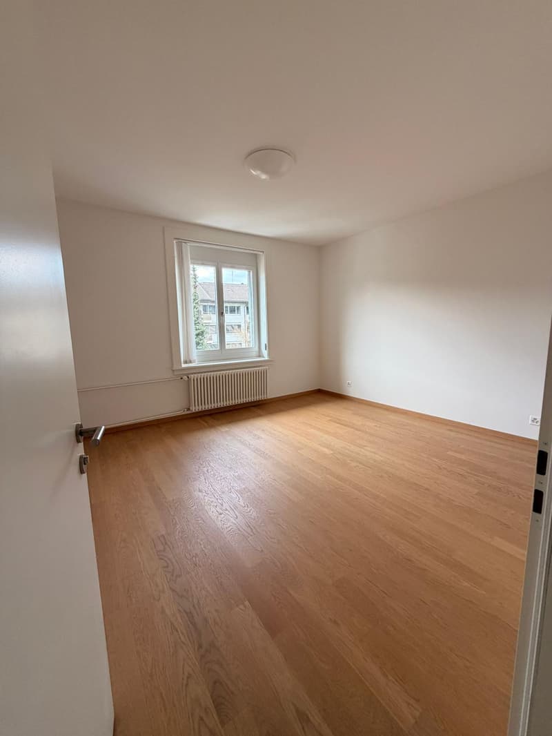 empty room, wooden floor, white walls, window, radiator