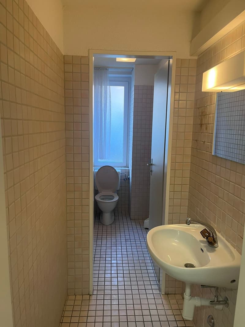 Small bathroom with toilet, sink, and shower area