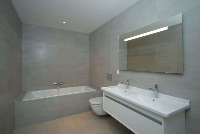 modern bathroom with bathtub, toilet, double sink, mirror, gray tiles, wooden floor
