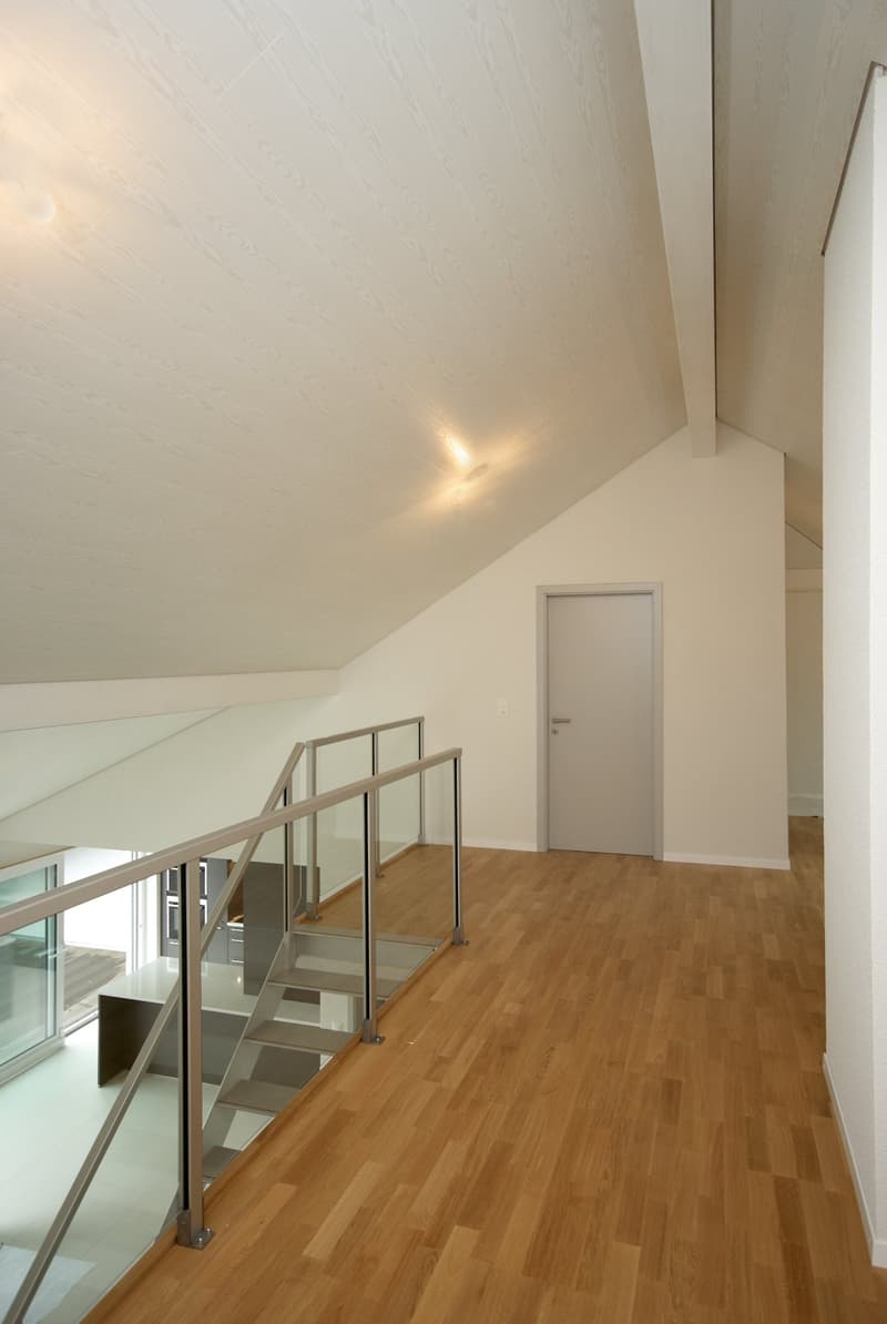 wooden floor, white walls, glass railing, glass door, glass staircase