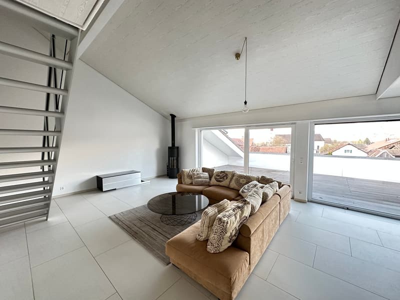 modern living room, white tiles, large windows, brown couch, glass table, fireplace