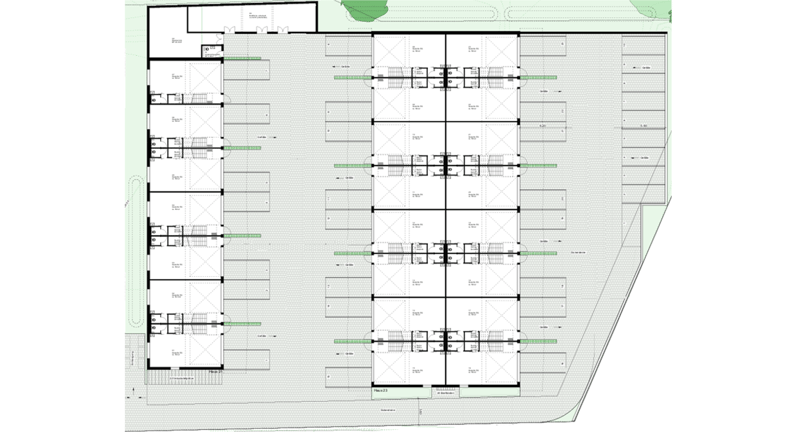 multiple units, each with living room, kitchen, 2 bedrooms, 2 bathrooms, balcony