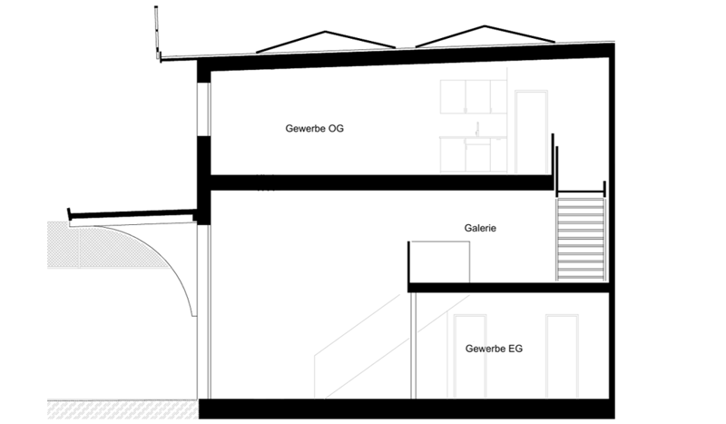 Floor plan with three levels: Gewerbe OG, Galerie, Gewerbe EG