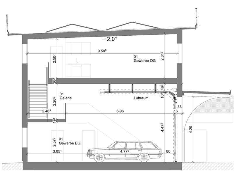 Ground floor commercial space, first floor residential space, stairs, gallery, atrium, car parking