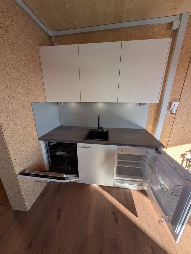 modern kitchen with white cabinets, wooden floor, sink, dishwasher, washing machine, refrigerator