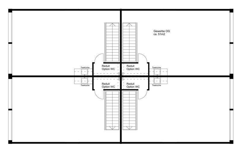 Floor plan with central corridor, 4 rooms, 2 kitchens, 4 WCs, 2 reduction areas