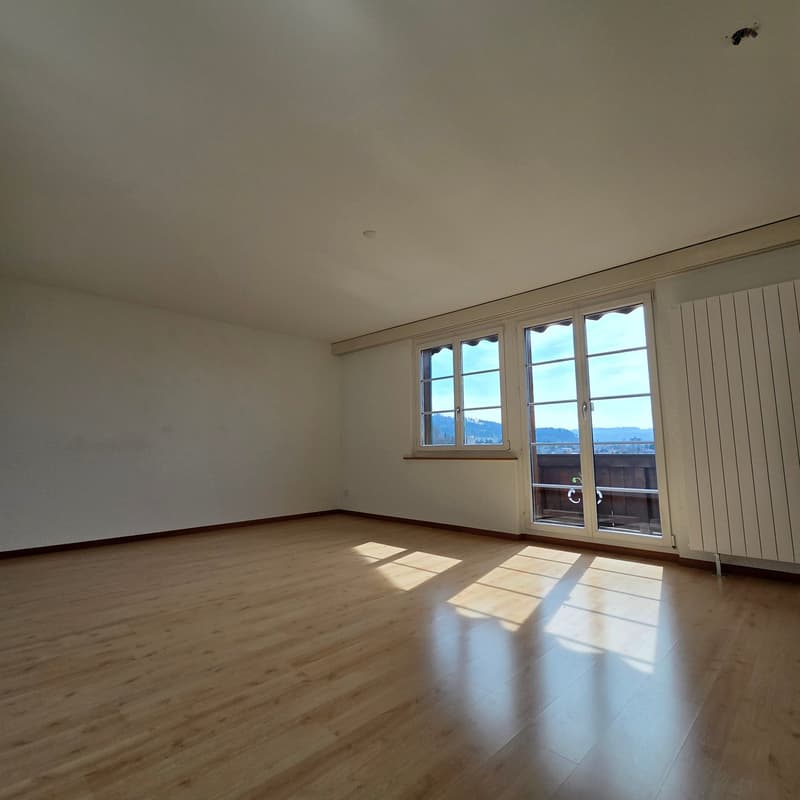 empty room, wooden floor, large windows, balcony, white walls, white ceiling