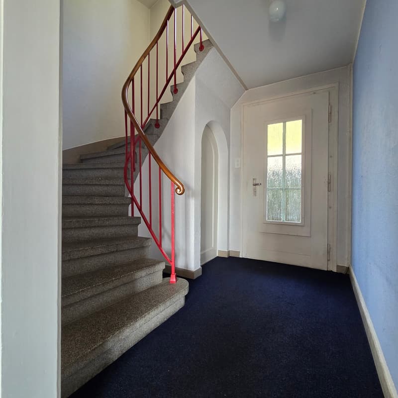 Entrance hall with carpeted floor, white walls, arched doorway, spiral staircase with red railings, white door with glass window