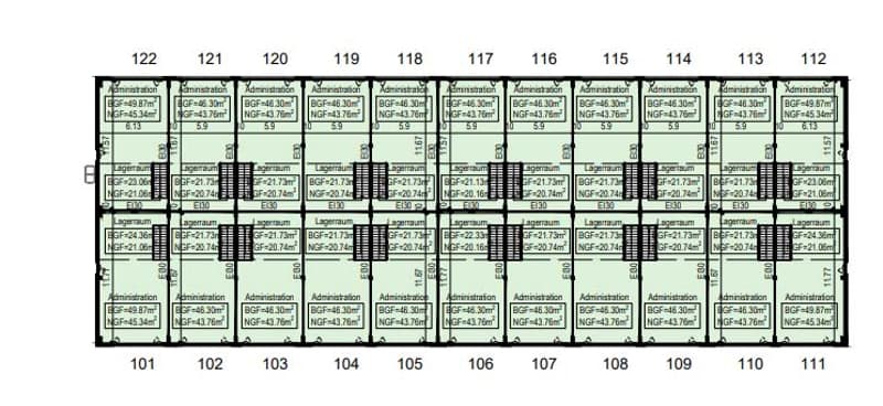 This image appears to be a floor plan or layout of a building. It shows multiple rooms or units numbered from 101 to 122, with each unit having its own dimensions and layout details.