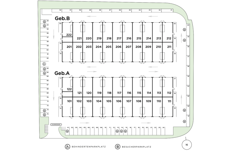 The image shows a floor plan with two sections labeled Geb.B and Geb.A. The Geb.B section has rooms numbered from 201 to 222, while the Geb.A section has rooms numbered from 101 to 122. The floor plan also includes labels for a Behindertenparkplatz (disab