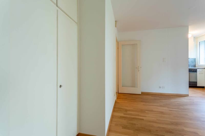 hallway, hardwood floors, white walls, white doors, kitchen in the back