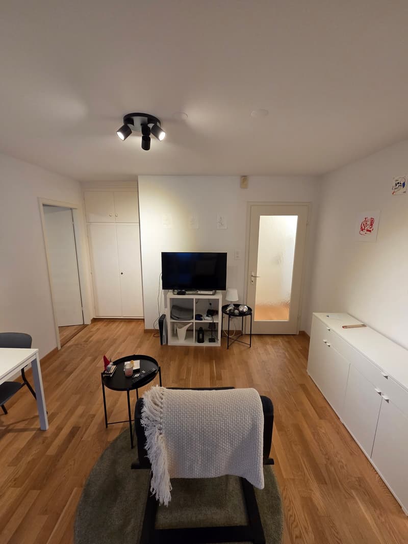 room with white walls and wooden floors, white furniture, television stand, coffee table, couch, rug, and two white cabinets
