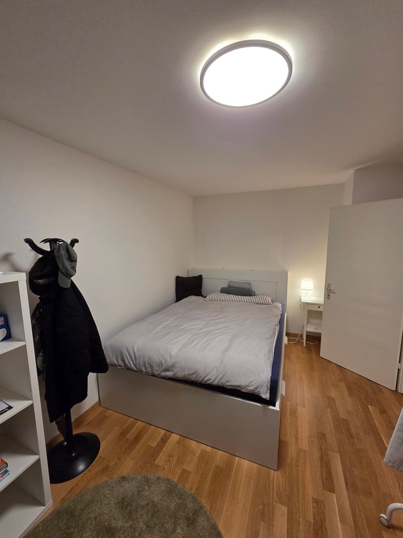 white walls, gray double bed, nightstand with lamp, white wardrobe, rug