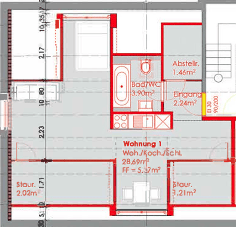 Living room/kitchen/bedroom, bathroom, raised ground floor, hallway