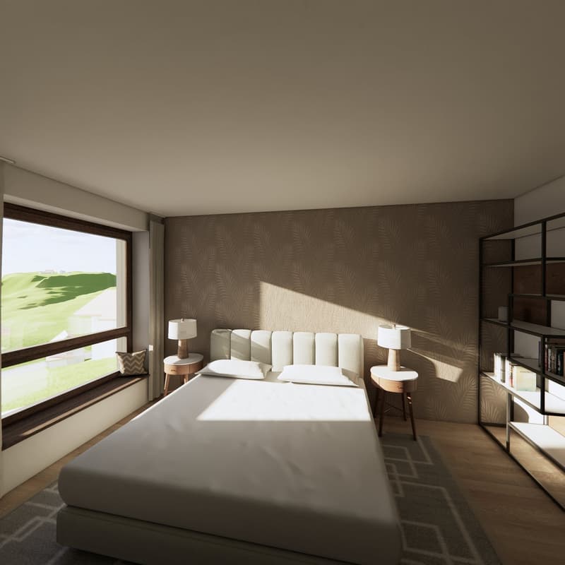 a white bed, two nightstands with lamps, a rug, a built-in bookshelf, and a large window with a view of a green field