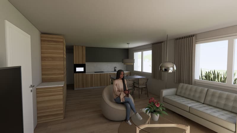 A modern furnished open living room, kitchen and dining area, with a sofa and round chair