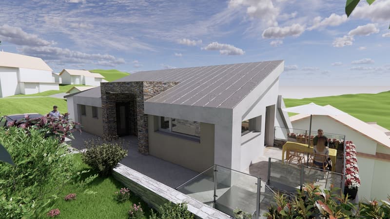 Single story house, concrete exterior, stone column, balcony, solar panels
