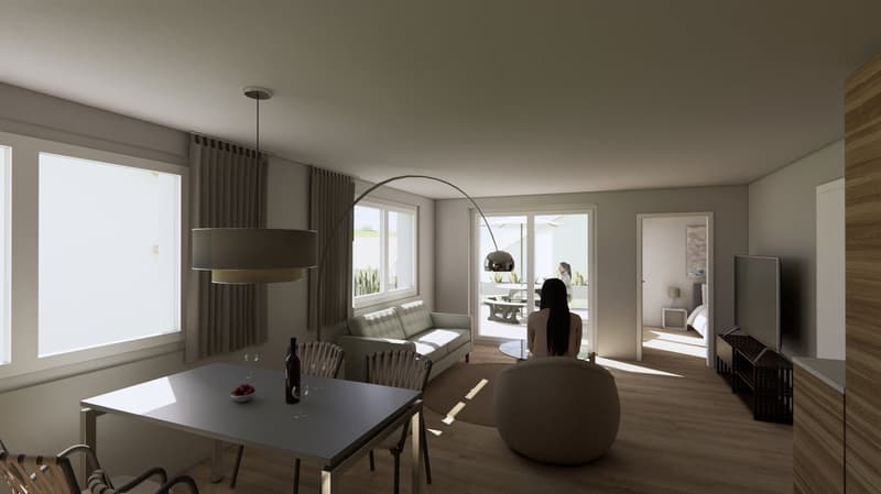 Dining room, living room, balcony, windows, round sofa