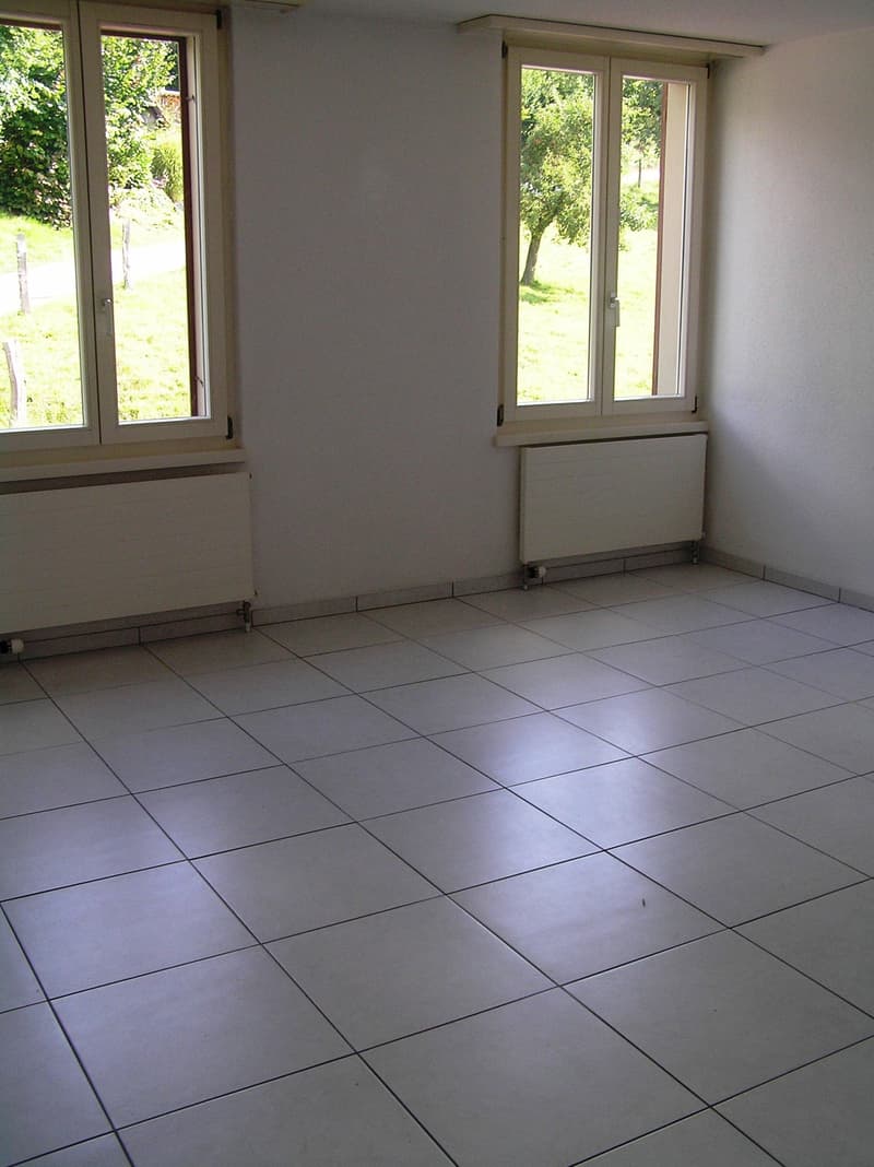 Empty room with white tiles, two windows, and white walls