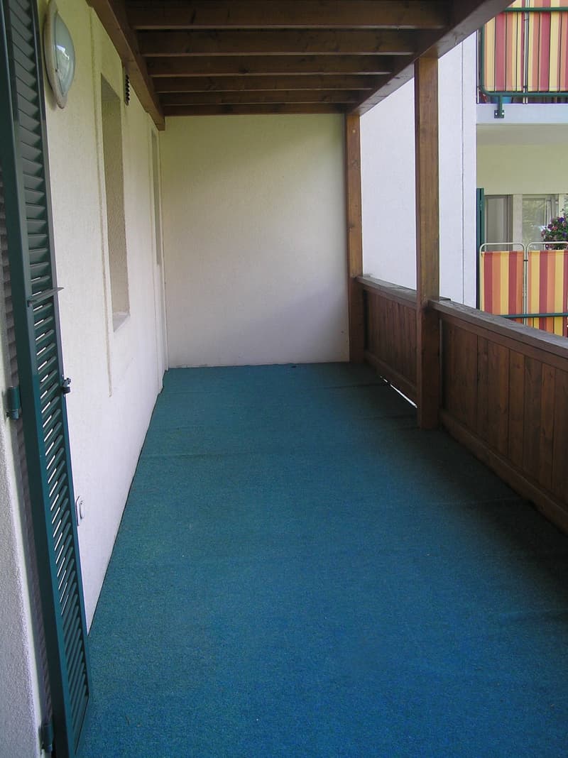 Balcony with blue carpet, wooden ceiling, white walls, green shutters, wall lamp