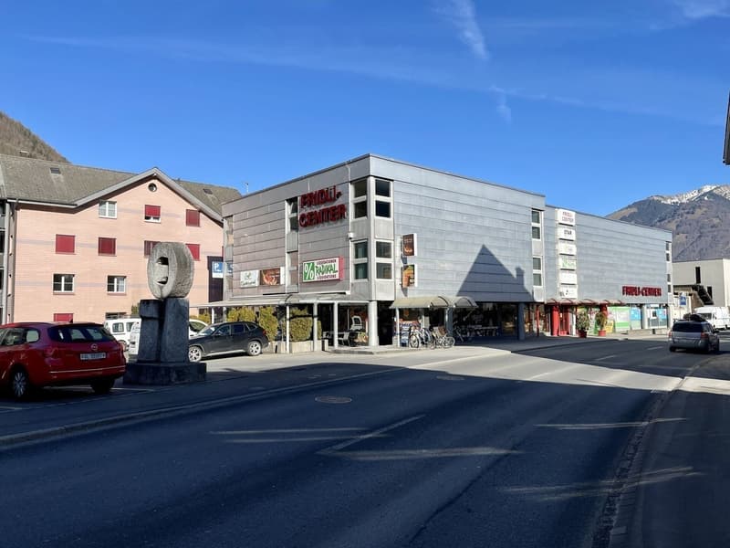 A commercial building with a sign reading 'FRIEDLI-CENTER', multiple windows, and a small statue in front. There are parked cars and bicycles in front of the building.