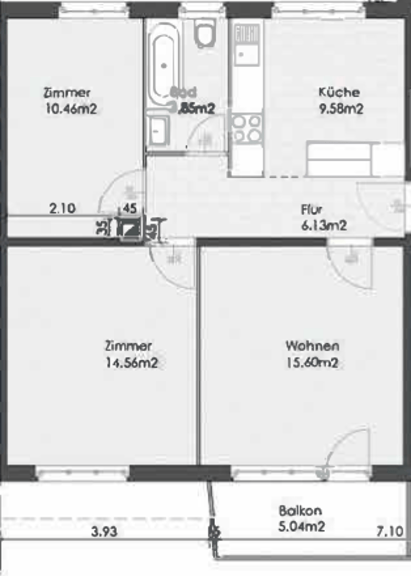 2 bedrooms, 2 bathrooms, living room, kitchen, balcony
