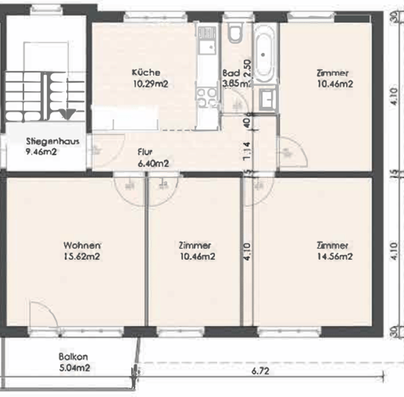 kitchen, bathroom, living room, 3 bedrooms, entrance hall, storage room, balcony