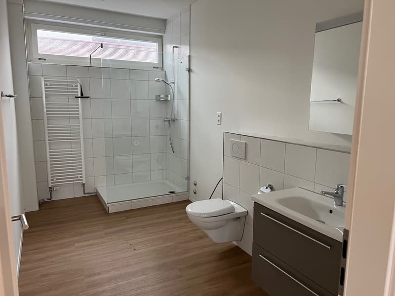 bathroom with glass shower, toilet, vanity with sink, small mirror, white tiles, wooden floor