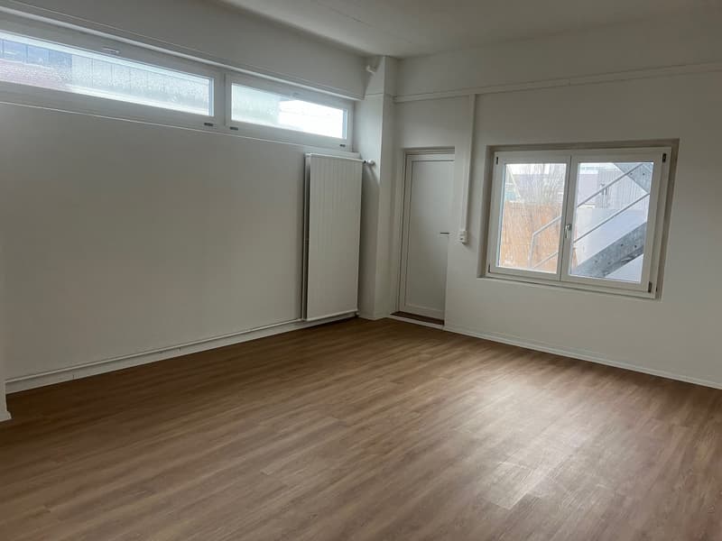 empty room, wooden floor, white walls, window, white door, radiator