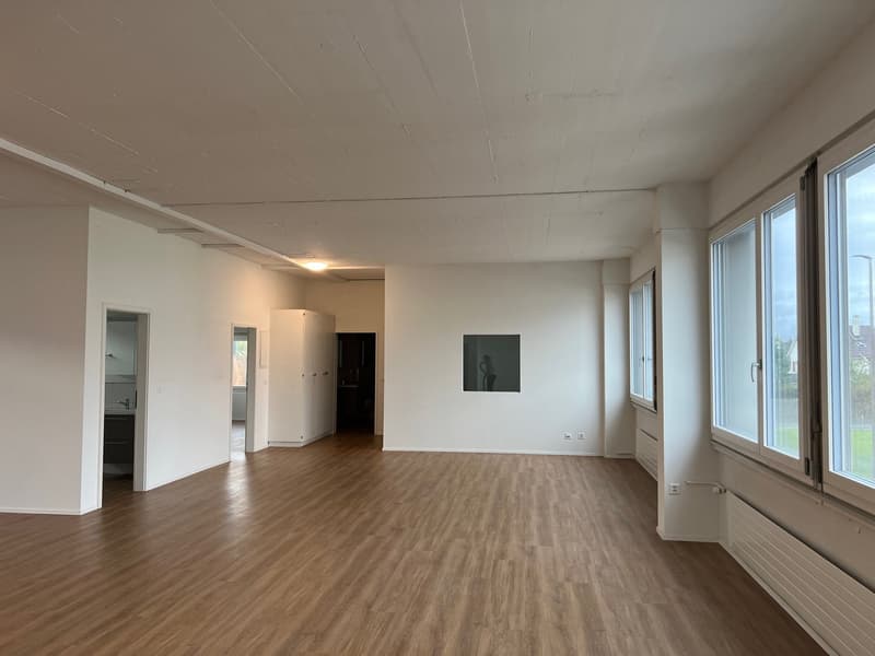 empty room, hardwood floors, multiple large windows, high ceiling