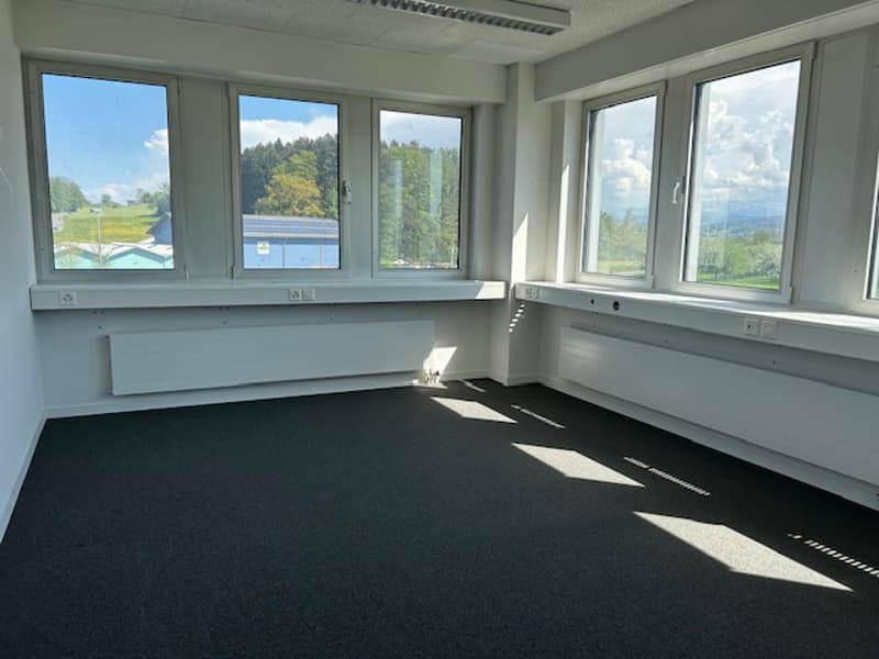 Large open room with floor-to-ceiling windows providing a scenic view of the surrounding landscape. The room has a black carpeted floor and white walls.