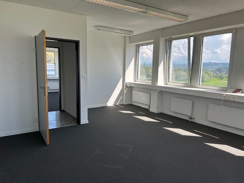 Large open office space with grey walls, black carpeted floor, and large windows providing a scenic view of the surrounding landscape.