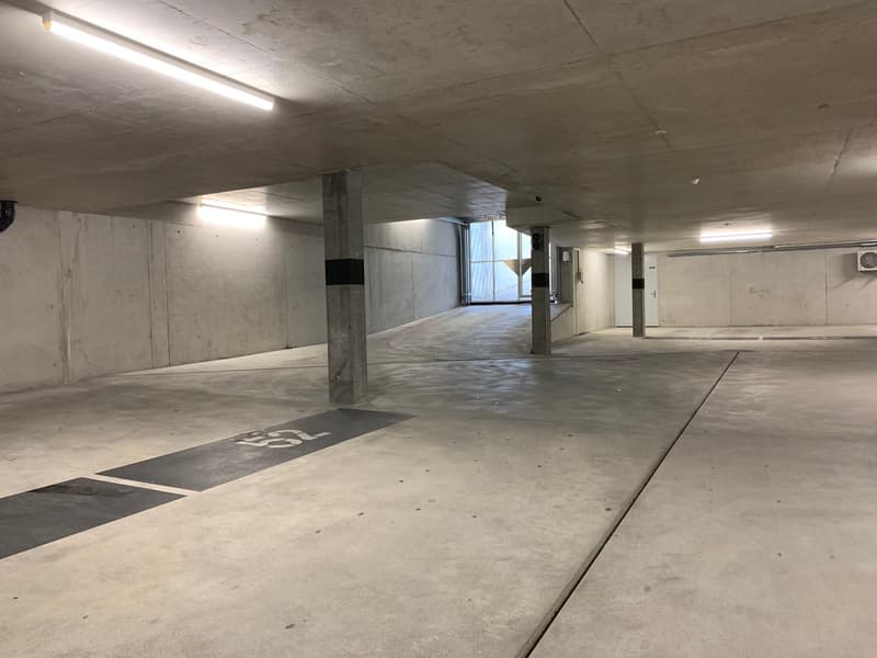 Empty parking lot with concrete walls, ceiling lights, and a parking space marked with '3L'.