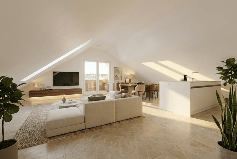 Wohnzimmer und Essbereich mit grossformatigen Platten, Dachflächenfenster, Kochinsel - Wohnidee (Inspiration)